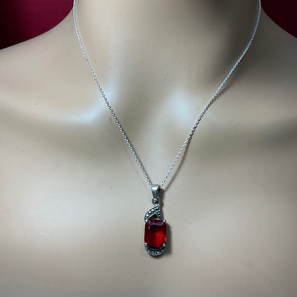 Sterling Silver Necklace with a Red Stone and Marcasite. 19.25 inches long - Picture 1 of 8